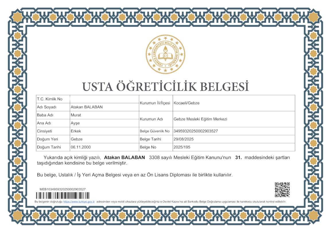 Gebze İklimlendirme Usta Öğreticilik Belgesi