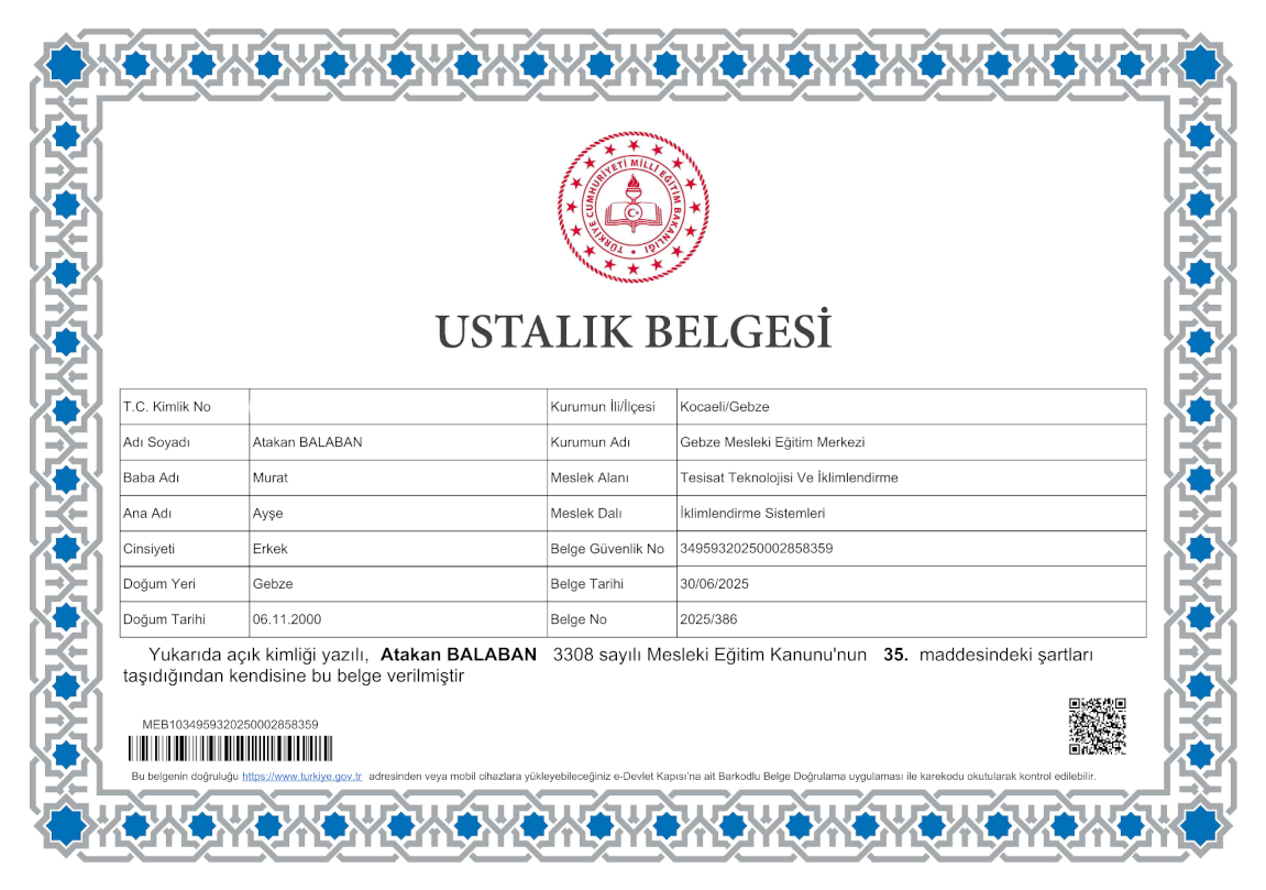 Gebze İklimlendirme Ustalık Belgesi